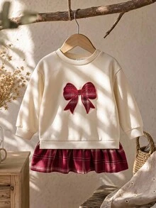SHEIN LMoss Kids 女嬰針織秋冬衛衣洋裝，大蝴蝶刺繡拼接酒紅格紋裙，超可愛度假節日風可愛日系風 - 彩色 - 查看 6