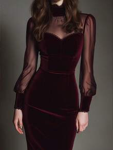 Balvessa Elegant Gothic Halloween Burgundy Velvet Commute Party Holiday Mesh Short Dress Spring Summer Autumn - Burgundy - View 7