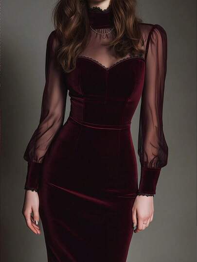 Balvessa Elegant Gothic Halloween Burgundy Velvet Commute Party Holiday Mesh Short Dress Spring Summer Autumn