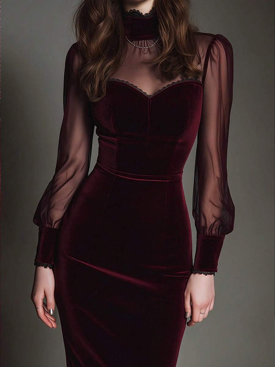 Balvessa Elegant Gothic Halloween Burgundy Velvet Commute Party Holiday Mesh Short Dress Spring Summer Autumn - Burgundy - View 1