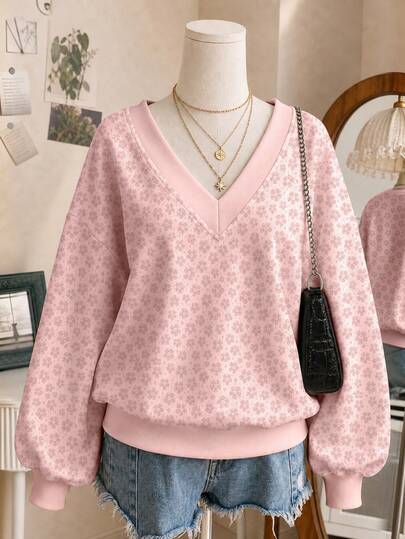 Lalippa Plus Size Women's V-Neck All-Over Print Casual Daily Long Sleeve Sweatshirt