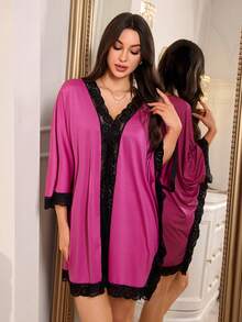 SHEIN 女款深V領蕾絲拼接性感日常居家睡衣套裝 - 玫紅色 - 查看 5