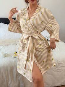 Napfluff Lemon Print Vertical Stripe Pocket Design Casual Kimono Style Tie-Front Robe - Yellow - View 3