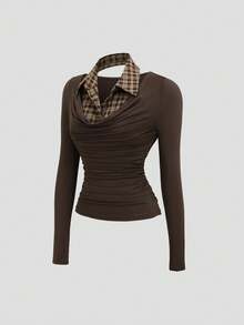 Sweetra Black Knit Plaid Patchwork Shirt, 2-In-1 Top, Back To School Season - Brown - View 3