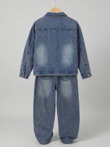 Tween Boy Denim Outfit, Casual Vintage Distressed, Loose Jacket + Wide Leg Jeans 2 Pieces Set, Matching T-Shirt, School, Holiday, Fall, Light Blue - Medium Wash - View 3