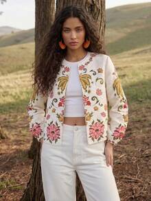 CAJUNI Women's Floral Print Round Neck Open Front Long Sleeve Lightweight Jacket - Multicolor - View 6