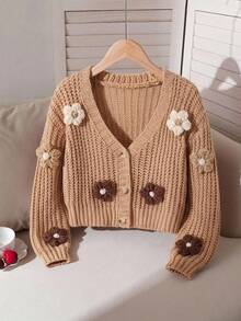 SHEIN Vintaside Kids Sweater Kardigan Anak Perempuan Motif Bunga Aprikot Warna-warni 3D yang Manis dan Menggemaskan untuk Musim Gugur/Dingin - Khaki - View 9