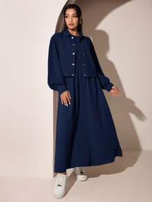 Veilorie Women's Solid Color Pleated Dress And Long Sleeve Cardigan Casual Daily 2-Piece Set - Navy Blue - View 7