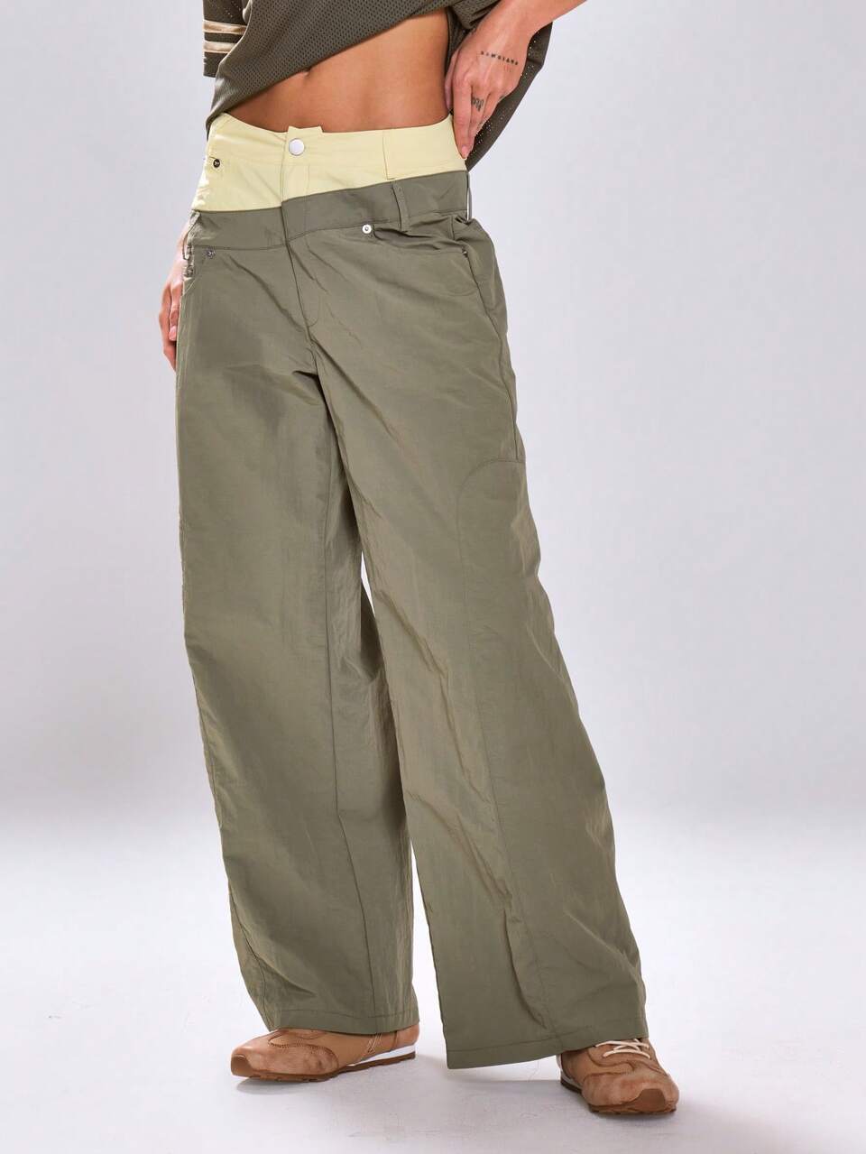 Green Yellow Contrast Colour Layered Waistband Loose Fit Wide Leg Cargo Style Trouser