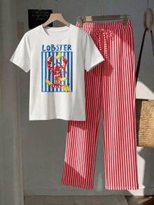 SHEIN EZwear 2件組圓領短袖上衣與條紋印花長褲大尺碼套裝，休閒極簡復古優雅通勤百搭舒適龍蝦檸檬 - 彩色 - 查看 4