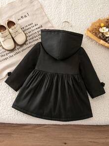 SHEIN 女嬰編織素色雙排扣豹紋人造毛內裡連帽休閒冬季外套 - 黑色 - 查看 3