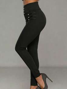 EMERY ROSE Casual skinny byxor med hög midja med metallspänne - Svart - Visa 4