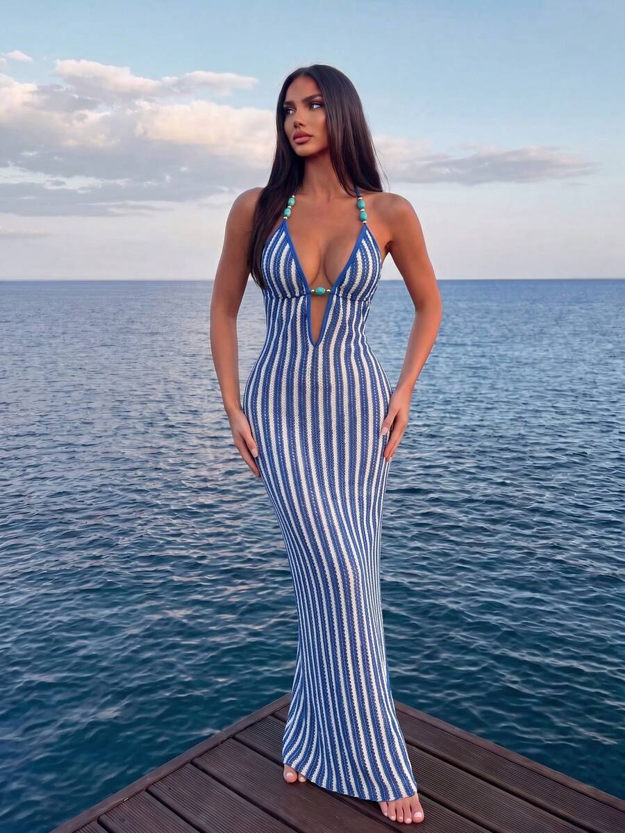 SHEIN Swim Swim Chiccia 女款藍白條紋夏季新款海灘度假鏤空長款露背深V領無袖鉤編掛脖繫帶泳衣 - 彩色 - 查看 1