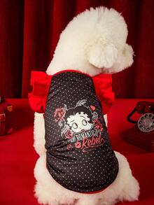 Betty Boop X PETSIN 1pc Red Polka Dot Pet Top With Ruffled Sleeves, Retro Cartoon Print, Comfortable Fit For Small Dogs And Cats, A Cute Vintage Look For Daily Wear Or Weekend Brunch Dates - Polka dot - View 2