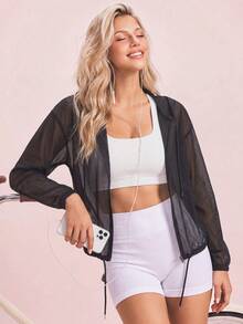 SHEIN Sovereign Charm 女款透視純色連帽運動夾克 - 黑色 - 查看 3