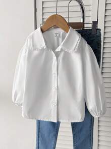 SHEIN 女童編織素色彼得潘領寬鬆休閒襯衫 - 白色 - 查看 2