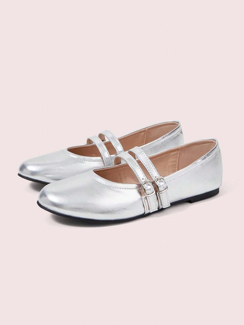 CUCCOO DOLLMOD Women's Shoes, Flats, Silver, Leather Texture, Casual And Sweet Ballet Style, Daily Vacation Campus Commuter Party Cute And Comfortable Mary Jane