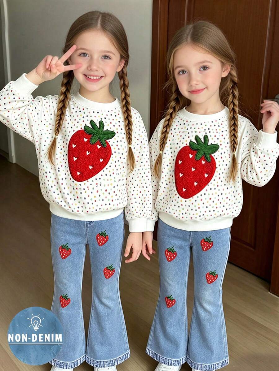 SHEIN 1 Set Baju Sweatshirt dan Celana Motif Polkadot Stroberi yang Lucu, Cocok untuk Anak Perempuan Usia 4-7 Tahun, Pakaian Musim Gugur dan Musim Dingin - MultiWarna - View 1