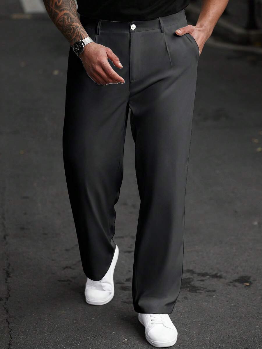 Manfinity Homme Pantalones casuales de pierna recta de unicolor con bolsillos para hombres de talla grande - Gris - Ver 1