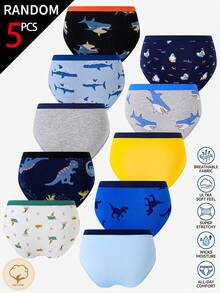 [5 Random Piece] Young BoyColorful Cute Graphic Print Cotton Briefs, Random Assorted Patterns Like Shark, Dinosaur - Multicolor - View 2