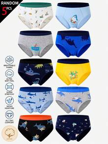 [5 Random Piece] Young BoyColorful Cute Graphic Print Cotton Briefs, Random Assorted Patterns Like Shark, Dinosaur - Multicolor - View 5