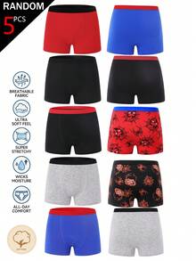 SHEIN 【5件隨機款】男童幼兒四角內褲，夏季卡通戰鬥漫畫角色圖案印花，親膚柔軟純棉休閒必備 - 彩色 - 查看 2