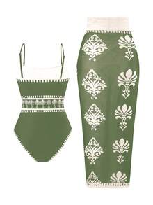 Swim Oasis 2026 Spring/Summer Plus Size One-Piece Printed Casual Elegant Ladies Swimsuit Set - Green - View 2