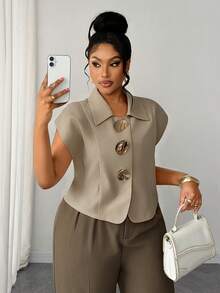 Maweii Plus Size French Style Commuter Minimalist Romantic Design Elegant Blouse - Khaki - View 2