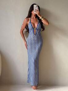 SHEIN Swim Swim Chiccia 女款藍白條紋夏季新款海灘度假鏤空長款露背深V領無袖鉤編掛脖繫帶泳衣 - 彩色 - 查看 8