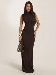 SHEIN BAE Women's Brown Cinched Waist Sexy Elegant Dress, Brown Dress, Suitable For Daily Wear, Dating, Night Out, Nightclub, Party, Gathering, Cocktail Party, Pool Party, Back To School, Holiday Dress, Music Festival Outfit, Country Music Festival Outfit, Halloween - Brown - View 1