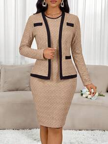 SHEIN Lady Women's Colorblock Dress And Long Sleeve Cardigan Casual Daily 2 Pieces Set - Khaki - View 8