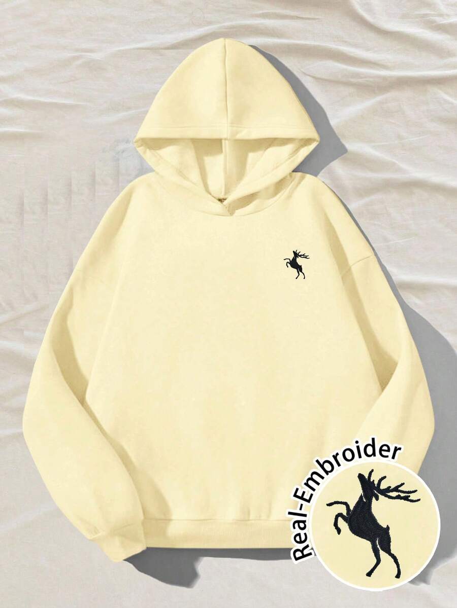 SHEIN EZwear 女款休閒極簡連帽長袖寬鬆加厚運動衫,適合秋冬,復古優雅通勤百搭保暖,鹿刺繡印花圖案,海灘度假夏季適用 - 淡黃色 - 查看 1