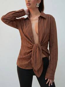 Hauture Women's Long Sleeve Stripe Textured Tie Front Shirt Old Money Sexy Office Night Out Date Night Style Casual Brown Stripe Fall - Brown - View 5