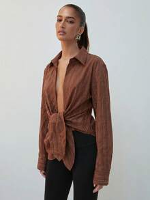 Hauture Women's Long Sleeve Stripe Textured Tie Front Shirt Old Money Sexy Office Night Out Date Night Style Casual Brown Stripe Fall - Brown - View 3