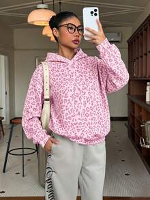 學院風復古粉色豹紋，青少年女孩休閒簡約寬鬆抓絨內裡衛衣，夏季上衣，適合日常通勤、聚會、秋冬春夏、聖誕節、新年、感恩節、派對、婚禮、海灘、畢業典禮，時尚 - 白色 - 查看 4