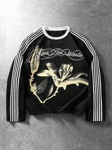 ROMWE MEN Men's Letter & Floral Print Side Stripe Long Sleeve T-Shirt - Black - View 1