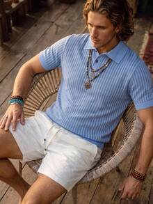 Alderstead Plus Size Men's Light Blue Casual Summer Short Sleeve Knit Top,Minimalist,Beach Vacation Hawaii Tropical Top - Blue - View 3