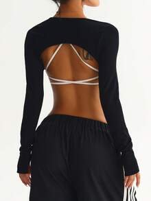 Dewbera Dewbera 1pc Women's Seamless Thin Front Button Sun Protection Deconstruction Design Outerwear Running Workout Yoga Fitness Training Sun Protection Jacket - Black - View 2