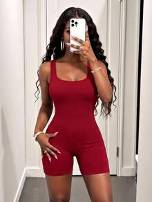 BamGleam Women's Solid Color Sleeveless Bodycon Romper - Burgundy - View 7