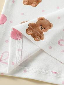Baby Girl Snug Fit High Elasticity Knitted Ribbed Brushed Soft Comfortable Long Sleeve Heart Pink Bow Coffee Color Fuzzy Bear Top With Matching Full Length Pink Cuff Pants - Coral Pink - View 6