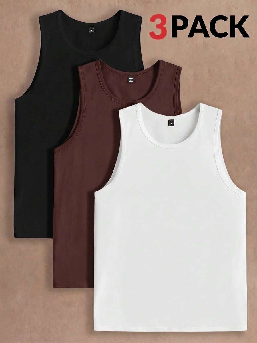 HIMLAND 3pcs/Pack Men's Casual Knit Sleeveless Solid Color Tank Tops, Suitable For Daily Wear - Multicolor - View 1