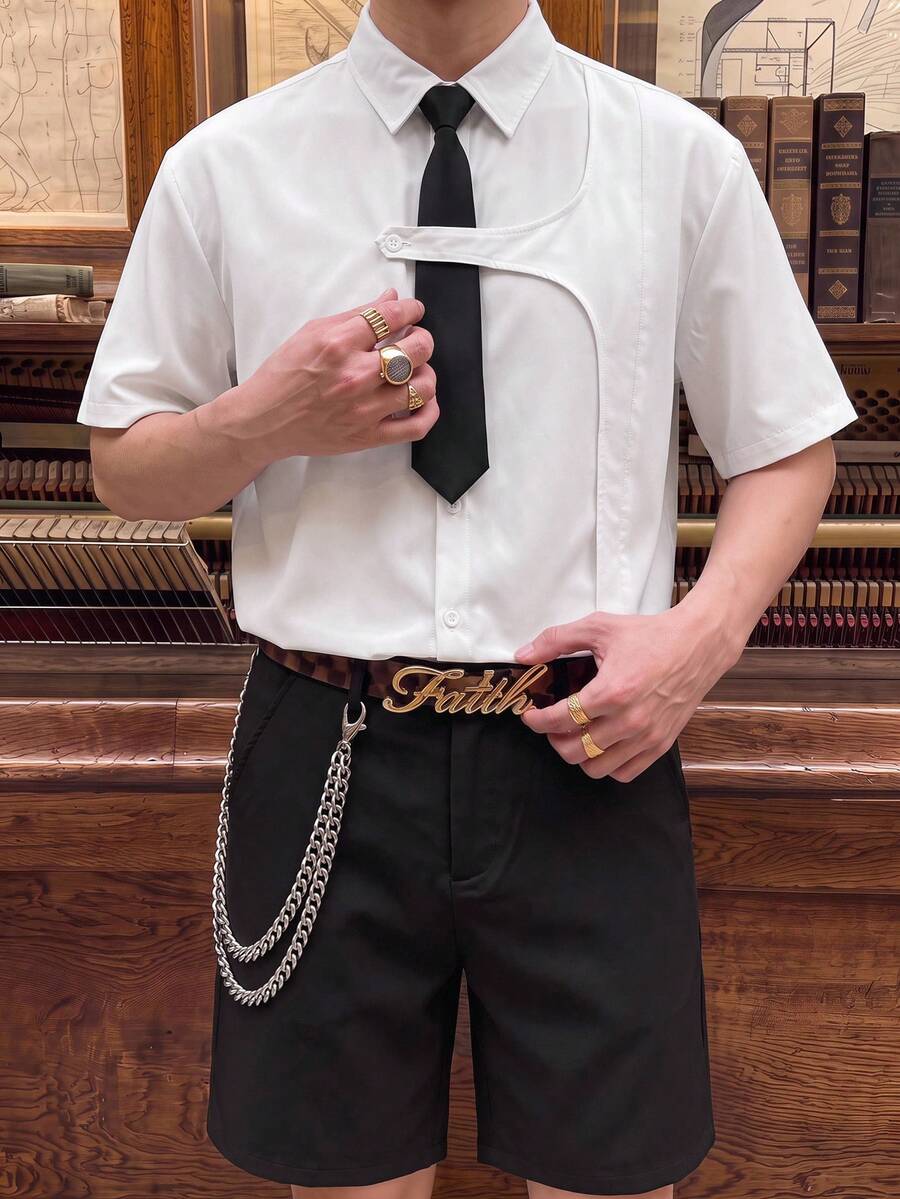 SWAVVY Men's Casual Everyday Outfit Set With Short Sleeve Collared Shirt And Shorts - Black and White - View 1