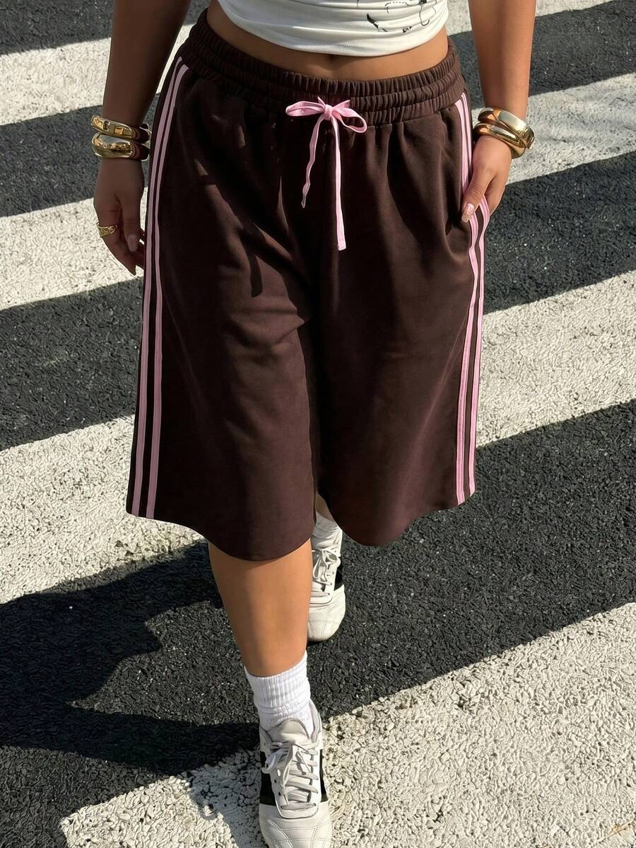 Muchica Plus Size Women's Fashion Striped Colorblock Drawstring Waist Knee Length Shorts Streetwear - Brown - View 1