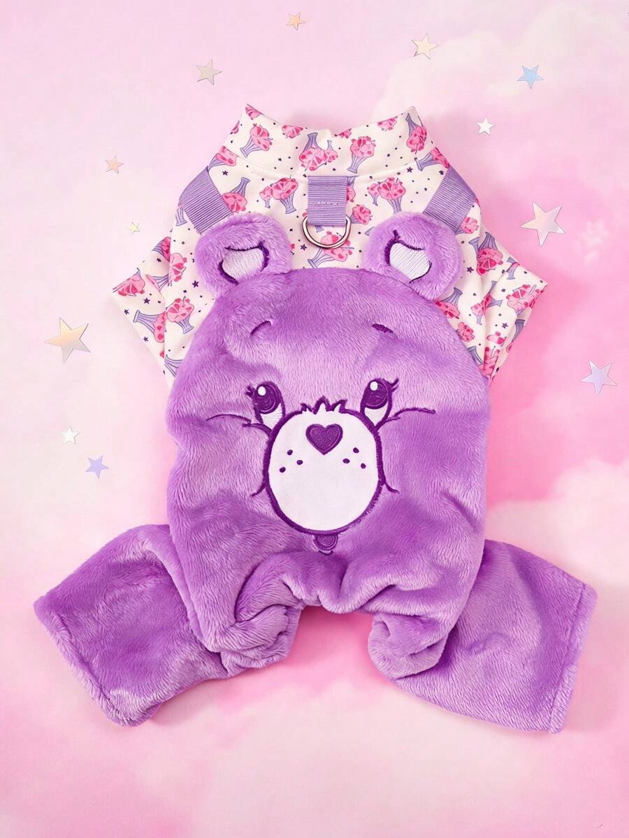 Care Bears X PETSIN 1件刺繡紫色心形泰迪熊秋冬款加厚保暖四腳連身衣,附牽引D型環,適用於貓狗,適合室內舒適保暖或寒冷冬季戶外散步 - 紫色 - 查看 1