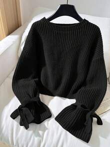 SHEIN 少女女孩純色圓領休閒日常長袖秋冬毛衣 - 黑色 - 查看 5