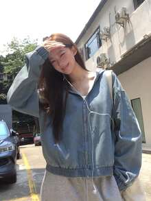DAZY 女款時尚街頭風拉鍊長袖連帽牛仔外套可愛上衣 - 黑色 - 查看 6