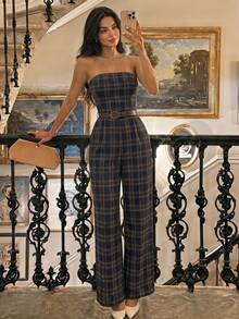 SHEIN MOD Jumpsuit Elegan Wanita Motif Kotak-kotak dengan Sabuk - MultiWarna - View 2