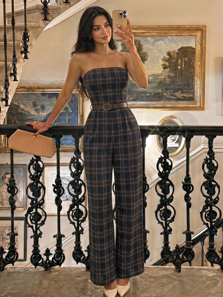 SHEIN MOD Women's Plaid Print Belted Elegant Jumpsuit - Multicolor - View 1