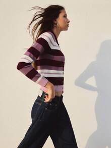 Nöista Stripe Knit Cardigan In Burgundy, Lilac And Cream Tones With Collar And Button Front. Perfect For Office Wear, Layering And Day-To-Night - Purple - View 2