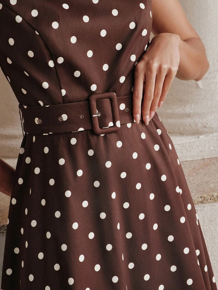 Anewsta Women's Elegant Commuter Brunch Tea Party Intellectual Vintage Casual Brown And White Polka Dot Dress, Spring/Summer, Valentine's Day Party